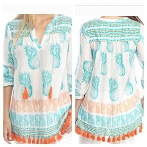 Crown & Ivy Pineapple Tassel Boho Beach Coverup Tunic Top Women Size L Multi‎